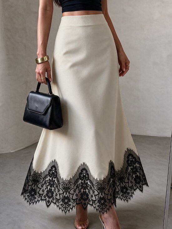 Dresses & Skirts - Apricot Elegant Women's High Waist Contrast Lace Hem Maxi A‑Line Skirt